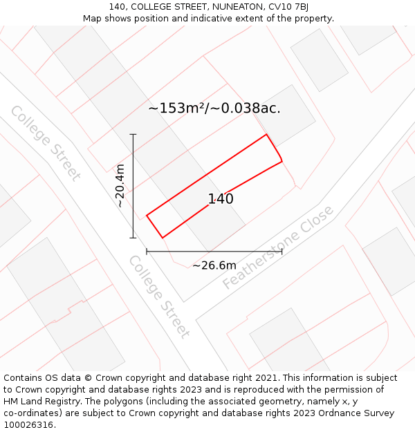 140, COLLEGE STREET, NUNEATON, CV10 7BJ: Plot and title map
