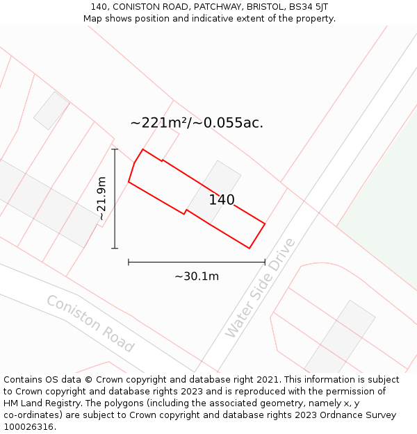 140, CONISTON ROAD, PATCHWAY, BRISTOL, BS34 5JT: Plot and title map