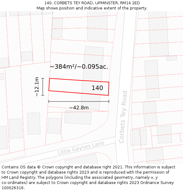 140, CORBETS TEY ROAD, UPMINSTER, RM14 2ED: Plot and title map