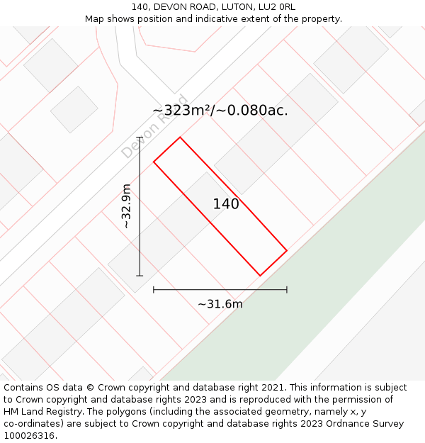 140, DEVON ROAD, LUTON, LU2 0RL: Plot and title map