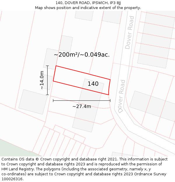 140, DOVER ROAD, IPSWICH, IP3 8JJ: Plot and title map