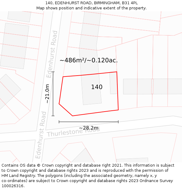 140, EDENHURST ROAD, BIRMINGHAM, B31 4PL: Plot and title map