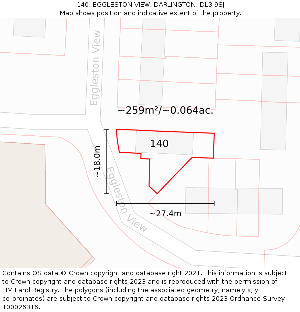 140, EGGLESTON VIEW, DARLINGTON, DL3 9SJ: Plot and title map
