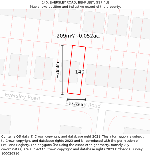 140, EVERSLEY ROAD, BENFLEET, SS7 4LE: Plot and title map