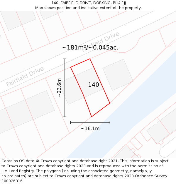 140, FAIRFIELD DRIVE, DORKING, RH4 1JJ: Plot and title map
