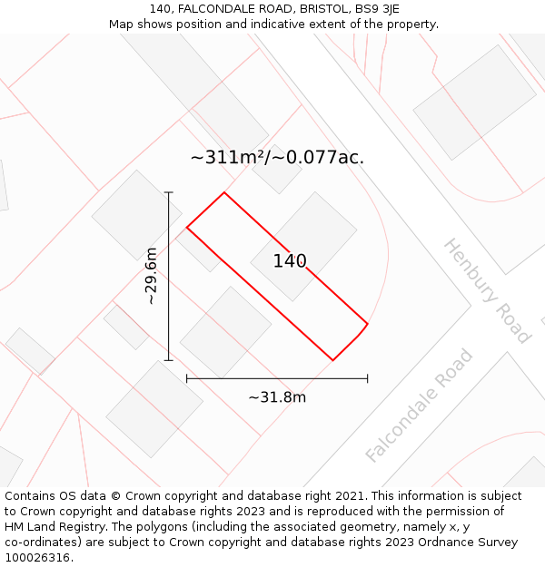 140, FALCONDALE ROAD, BRISTOL, BS9 3JE: Plot and title map