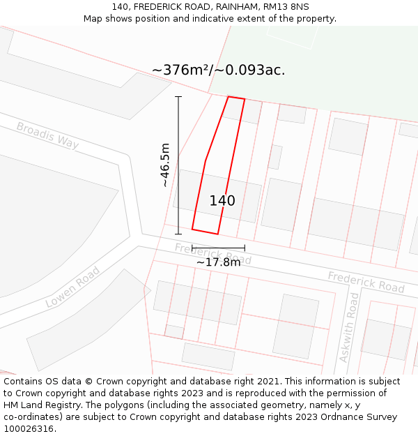 140, FREDERICK ROAD, RAINHAM, RM13 8NS: Plot and title map