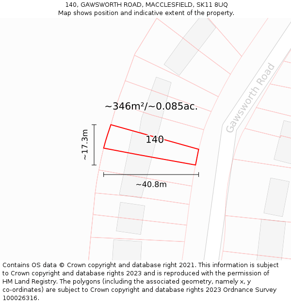 140, GAWSWORTH ROAD, MACCLESFIELD, SK11 8UQ: Plot and title map