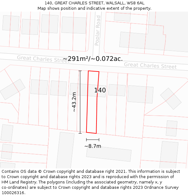 140, GREAT CHARLES STREET, WALSALL, WS8 6AL: Plot and title map