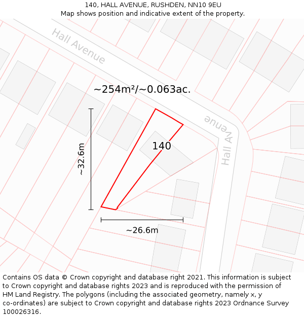 140, HALL AVENUE, RUSHDEN, NN10 9EU: Plot and title map