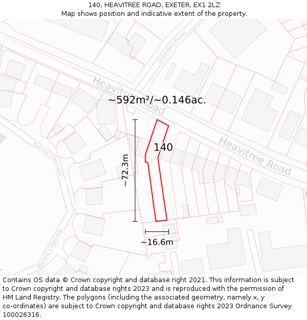 140, HEAVITREE ROAD, EXETER, EX1 2LZ: Plot and title map