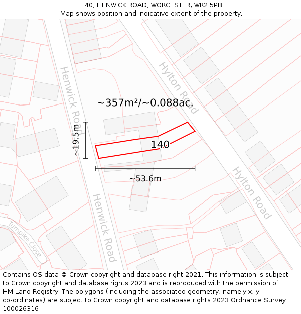 140, HENWICK ROAD, WORCESTER, WR2 5PB: Plot and title map