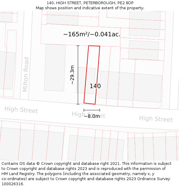 140, HIGH STREET, PETERBOROUGH, PE2 8DP: Plot and title map
