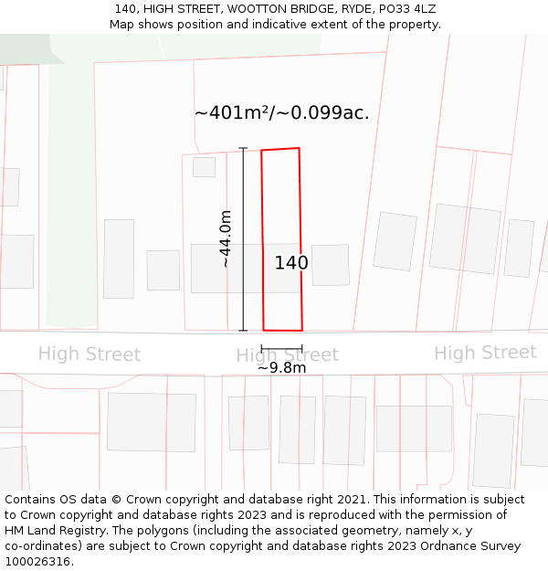 140, HIGH STREET, WOOTTON BRIDGE, RYDE, PO33 4LZ: Plot and title map