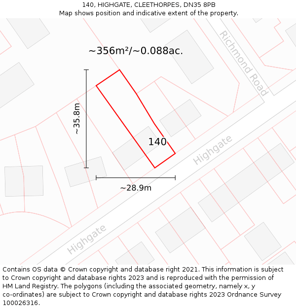 140, HIGHGATE, CLEETHORPES, DN35 8PB: Plot and title map