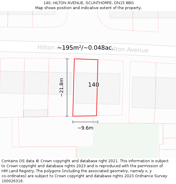 140, HILTON AVENUE, SCUNTHORPE, DN15 8BG: Plot and title map