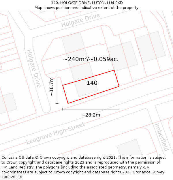 140, HOLGATE DRIVE, LUTON, LU4 0XD: Plot and title map