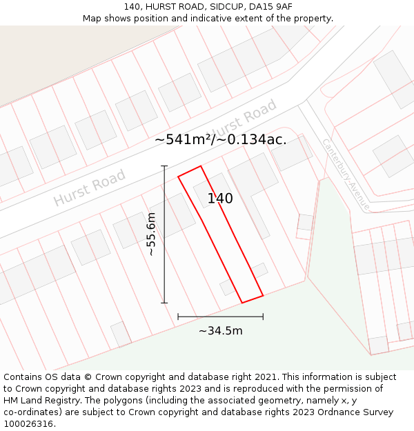 140, HURST ROAD, SIDCUP, DA15 9AF: Plot and title map