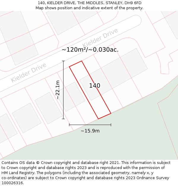 140, KIELDER DRIVE, THE MIDDLES, STANLEY, DH9 6FD: Plot and title map