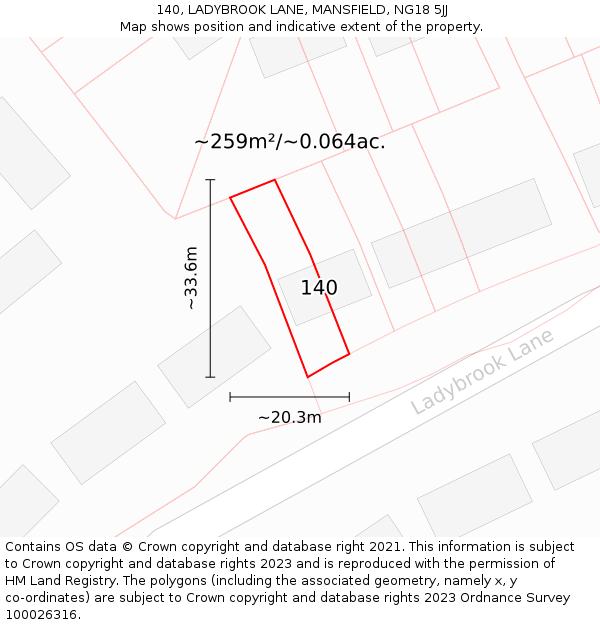 140, LADYBROOK LANE, MANSFIELD, NG18 5JJ: Plot and title map
