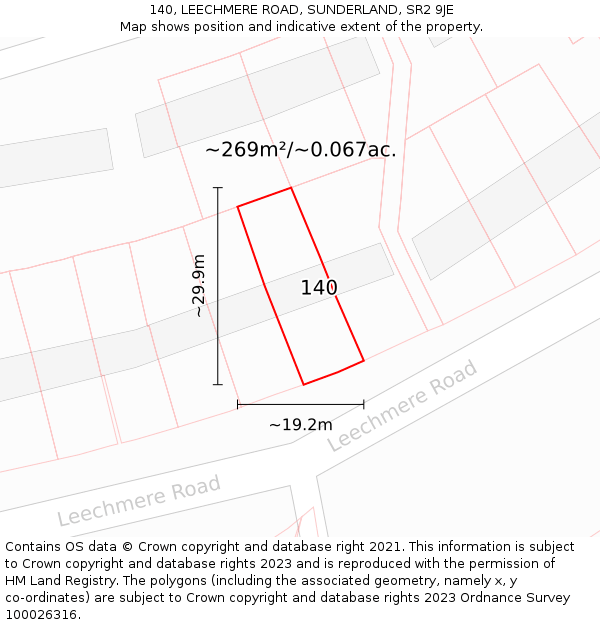 140, LEECHMERE ROAD, SUNDERLAND, SR2 9JE: Plot and title map