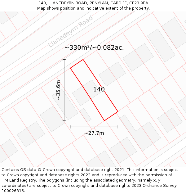 140, LLANEDEYRN ROAD, PENYLAN, CARDIFF, CF23 9EA: Plot and title map