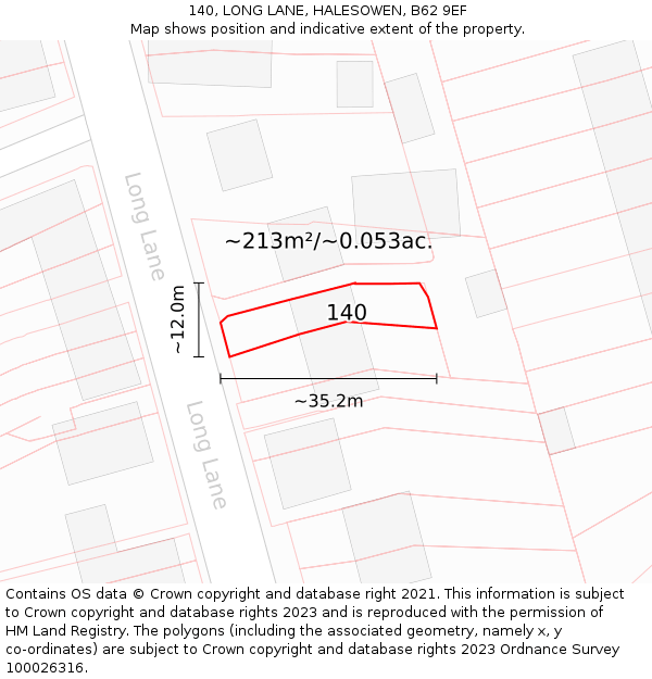 140, LONG LANE, HALESOWEN, B62 9EF: Plot and title map