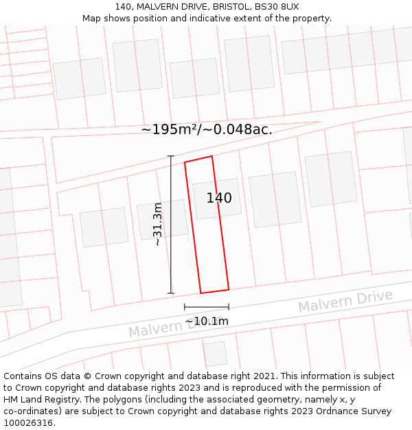 140, MALVERN DRIVE, BRISTOL, BS30 8UX: Plot and title map