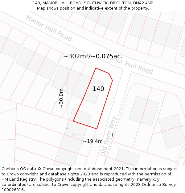 140, MANOR HALL ROAD, SOUTHWICK, BRIGHTON, BN42 4NP: Plot and title map