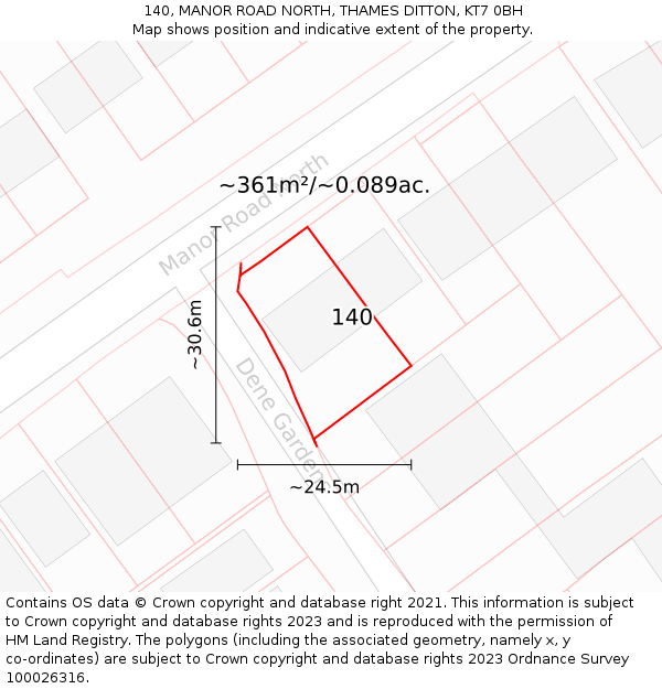 140, MANOR ROAD NORTH, THAMES DITTON, KT7 0BH: Plot and title map