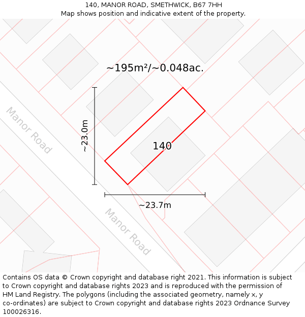 140, MANOR ROAD, SMETHWICK, B67 7HH: Plot and title map