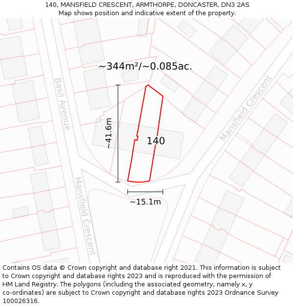 140, MANSFIELD CRESCENT, ARMTHORPE, DONCASTER, DN3 2AS: Plot and title map