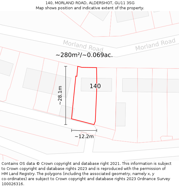 140, MORLAND ROAD, ALDERSHOT, GU11 3SG: Plot and title map