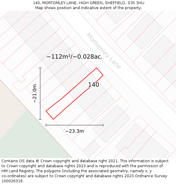 140, MORTOMLEY LANE, HIGH GREEN, SHEFFIELD, S35 3HU: Plot and title map