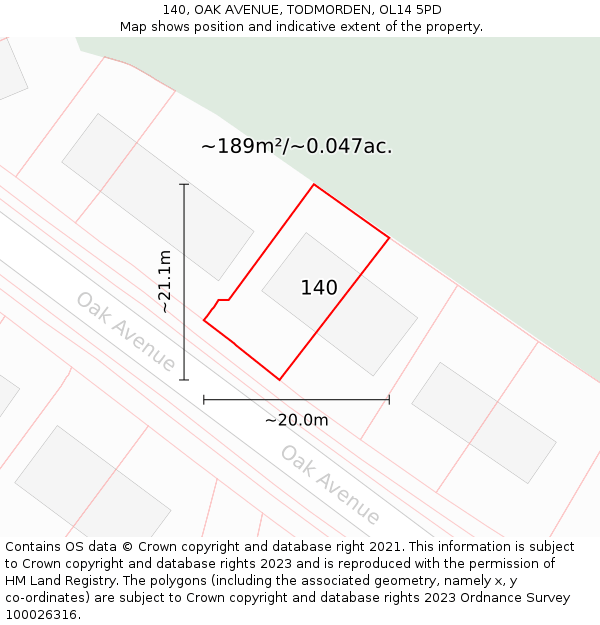 140, OAK AVENUE, TODMORDEN, OL14 5PD: Plot and title map