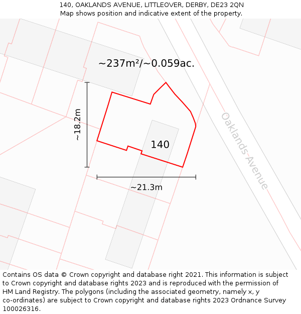140, OAKLANDS AVENUE, LITTLEOVER, DERBY, DE23 2QN: Plot and title map