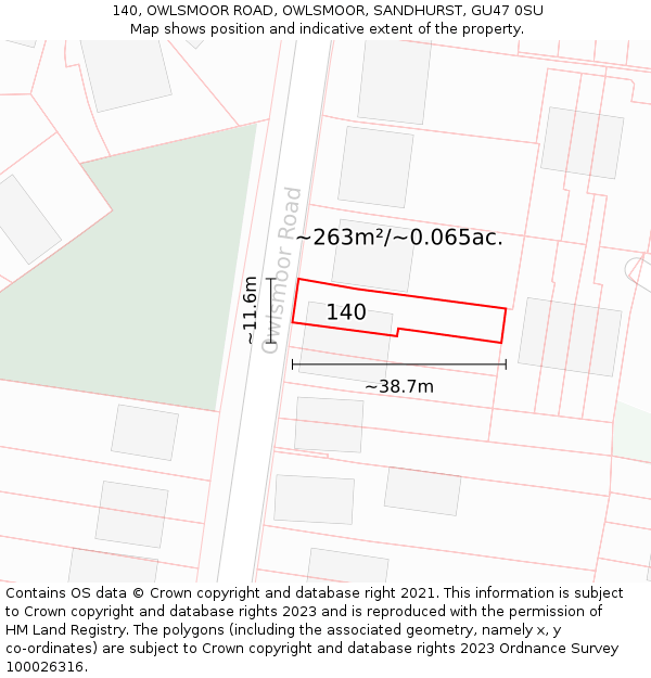140, OWLSMOOR ROAD, OWLSMOOR, SANDHURST, GU47 0SU: Plot and title map