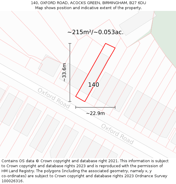 140, OXFORD ROAD, ACOCKS GREEN, BIRMINGHAM, B27 6DU: Plot and title map