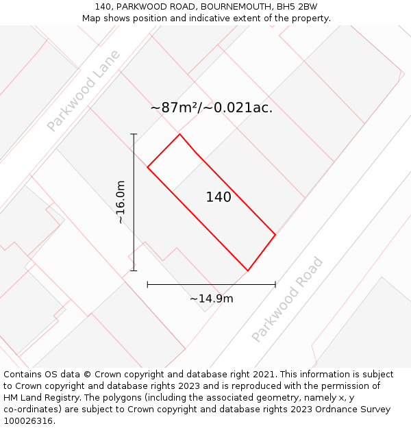 140, PARKWOOD ROAD, BOURNEMOUTH, BH5 2BW: Plot and title map