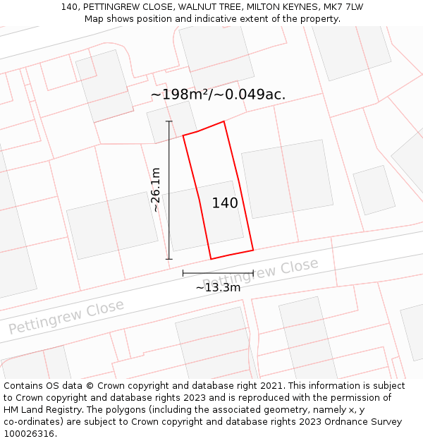 140, PETTINGREW CLOSE, WALNUT TREE, MILTON KEYNES, MK7 7LW: Plot and title map