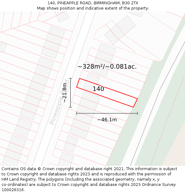 140, PINEAPPLE ROAD, BIRMINGHAM, B30 2TX: Plot and title map
