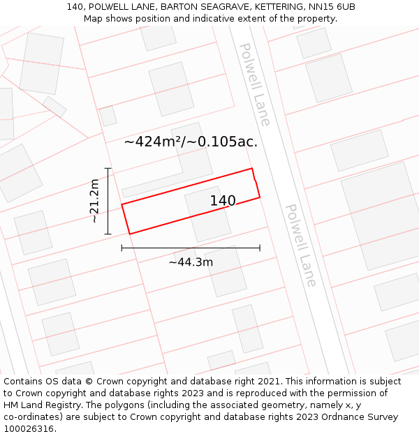 140, POLWELL LANE, BARTON SEAGRAVE, KETTERING, NN15 6UB: Plot and title map