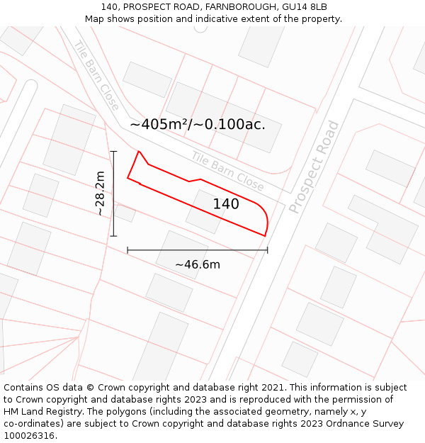 140, PROSPECT ROAD, FARNBOROUGH, GU14 8LB: Plot and title map