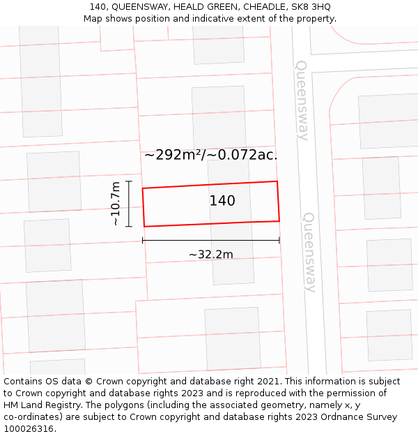 140, QUEENSWAY, HEALD GREEN, CHEADLE, SK8 3HQ: Plot and title map