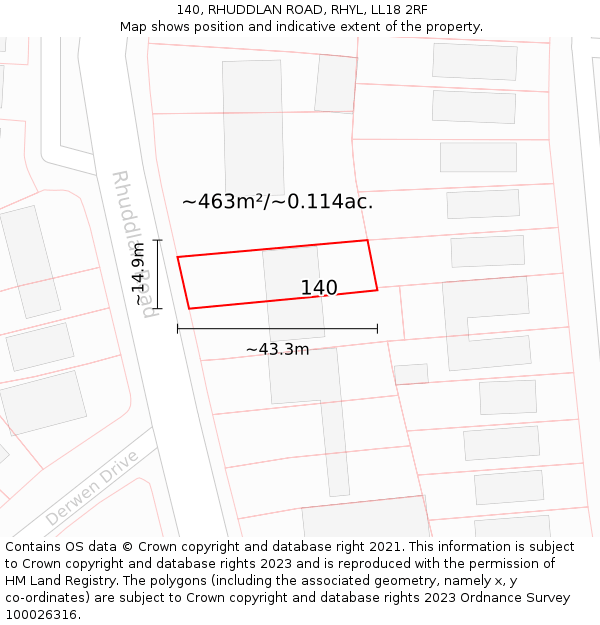 140, RHUDDLAN ROAD, RHYL, LL18 2RF: Plot and title map