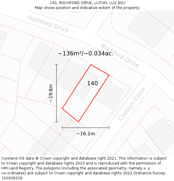 140, ROCHFORD DRIVE, LUTON, LU2 8SU: Plot and title map