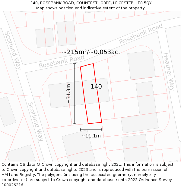 140, ROSEBANK ROAD, COUNTESTHORPE, LEICESTER, LE8 5QY: Plot and title map