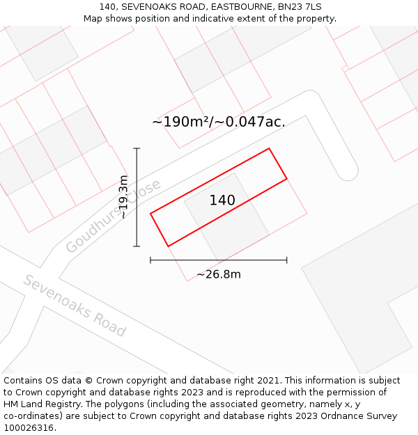 140, SEVENOAKS ROAD, EASTBOURNE, BN23 7LS: Plot and title map