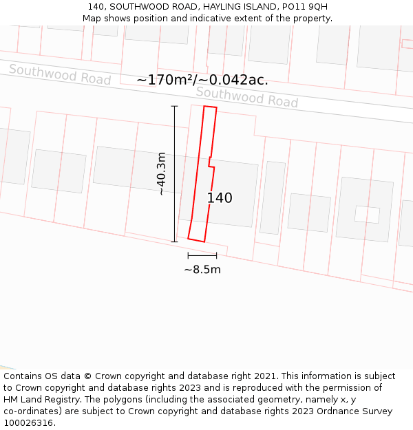 140, SOUTHWOOD ROAD, HAYLING ISLAND, PO11 9QH: Plot and title map