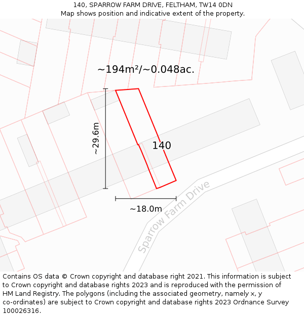 140, SPARROW FARM DRIVE, FELTHAM, TW14 0DN: Plot and title map